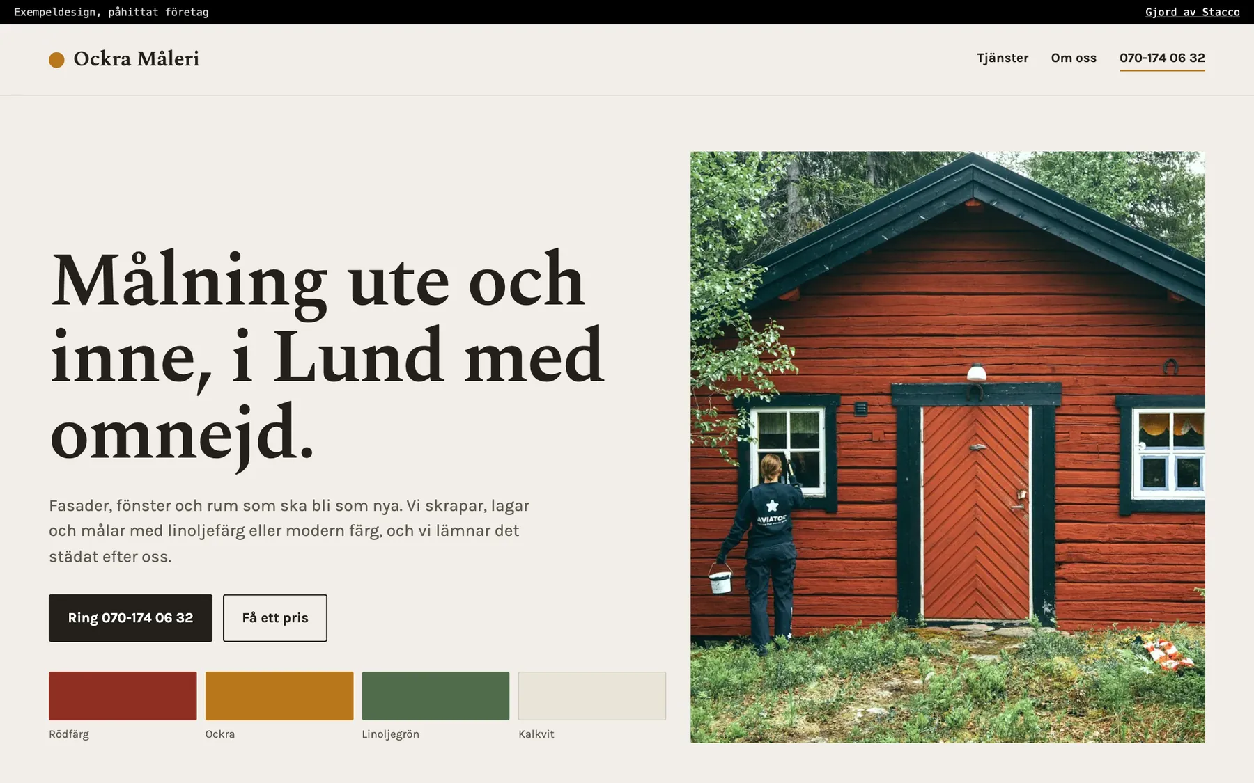 Exempeldesign på datorn: startsidan för den påhittade målerifirman Ockra Måleri